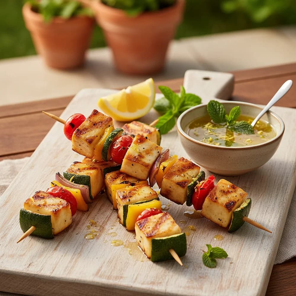 Gegrillte Halloumi-Spieße mit mediterranem Gemüse und Zitronen-Minz-Vinaigrette