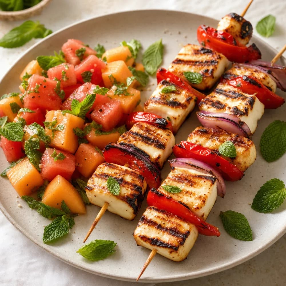 Gegrillte Halloumi-Spieße mit Melonen-Minz-Salsa