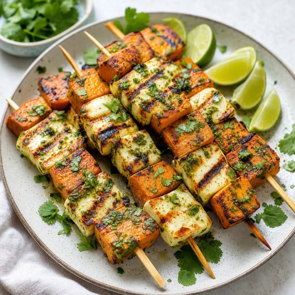 Gegrillte Halloumi-Süßkartoffel-Spieße mit Limetten-Koriander-Marinade