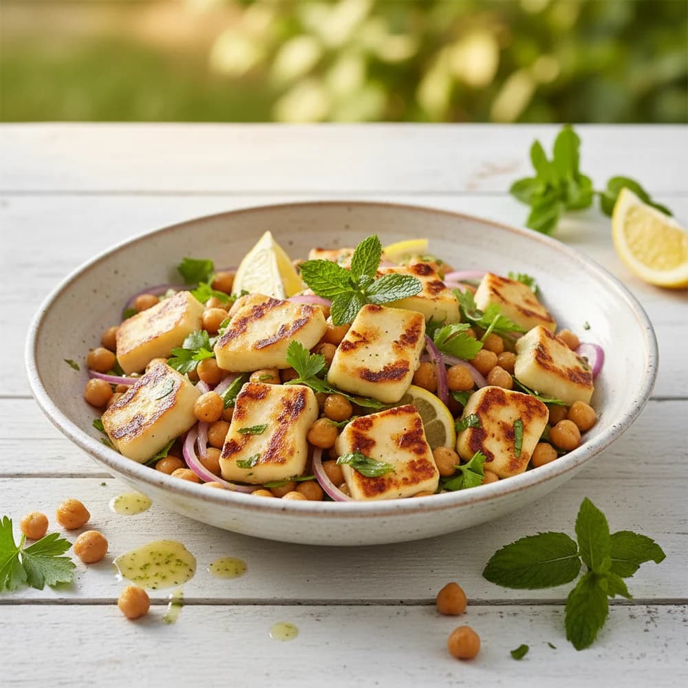 Gegrillter Halloumi-Kichererbsen-Salat mit Minz-Zitronen-Dressing
