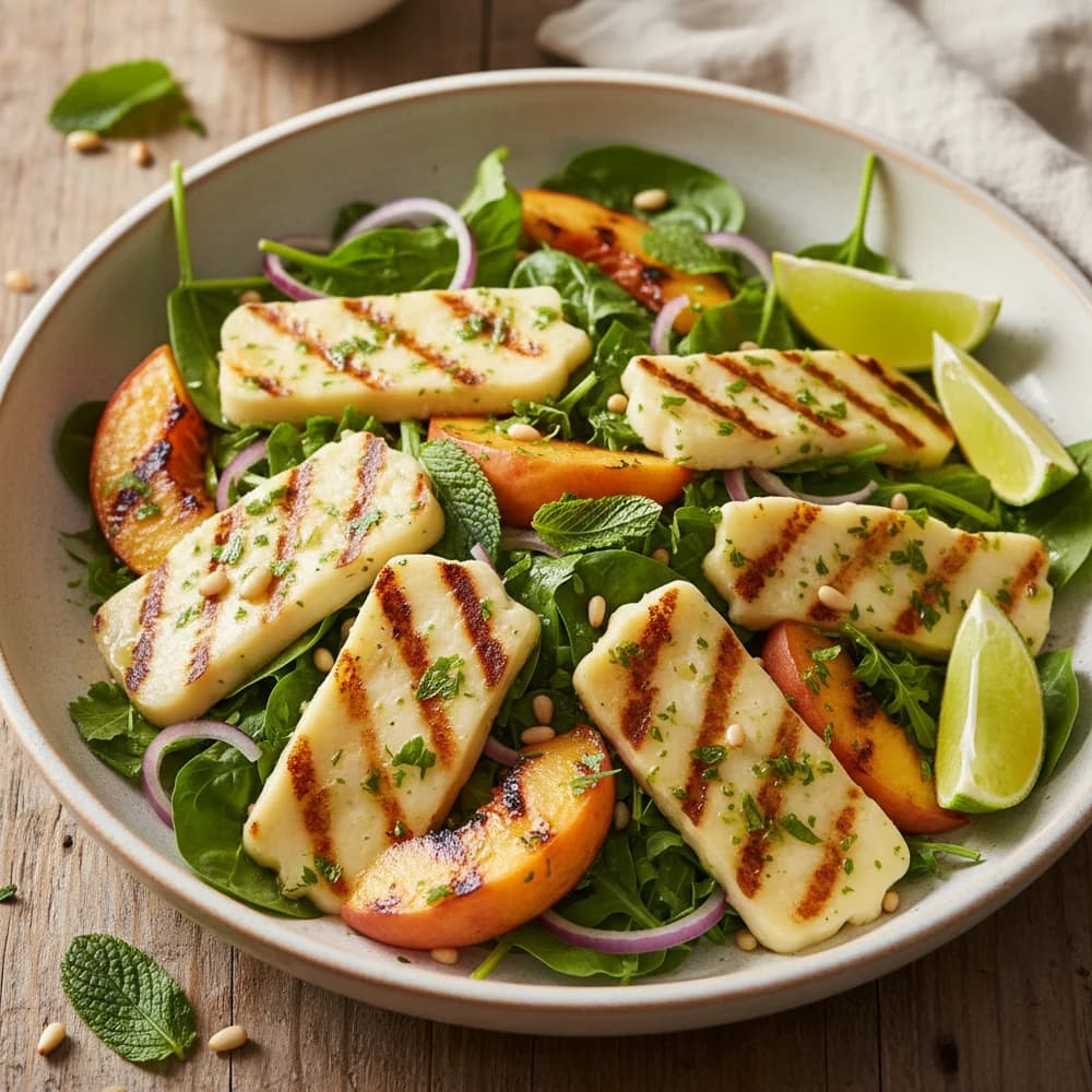 Gegrillter Halloumi-Pfirsich-Salat mit Minz-Limetten-Dressing