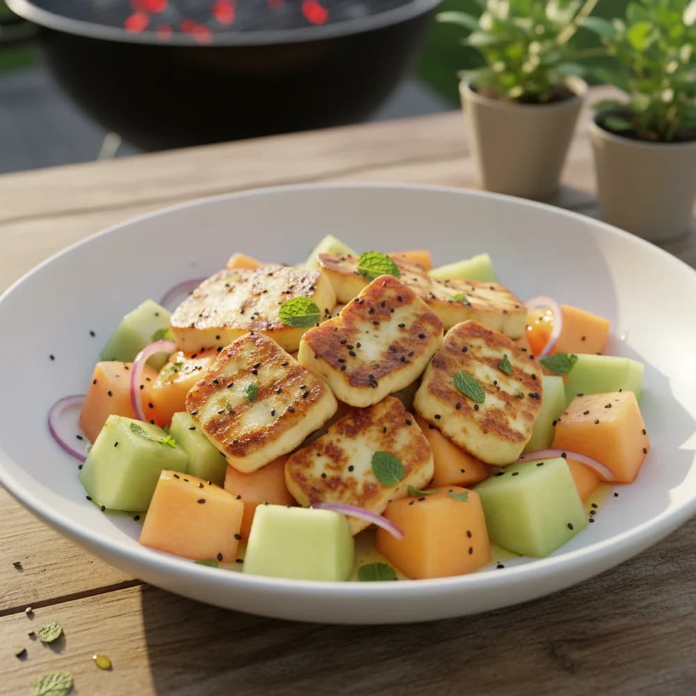 Gegrillter Halloumi-Salat mit Melone und Minze