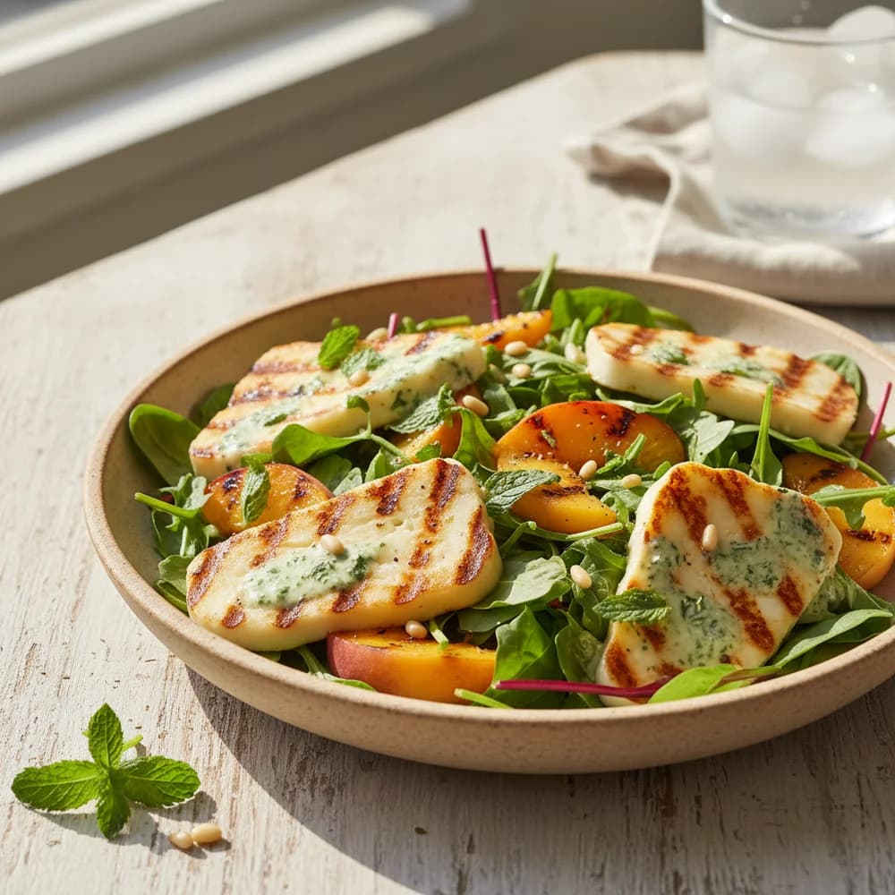 Gegrillter Halloumi-Salat mit Pfirsich, Rucola und Minz-Dressing