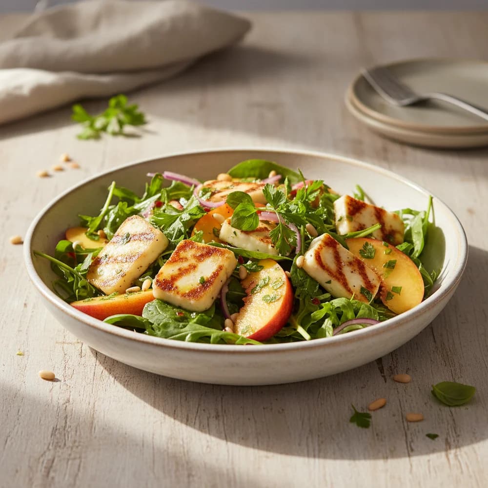 Gegrillter Halloumi-Salat mit Pfirsichen und Kräuter-Vinaigrette