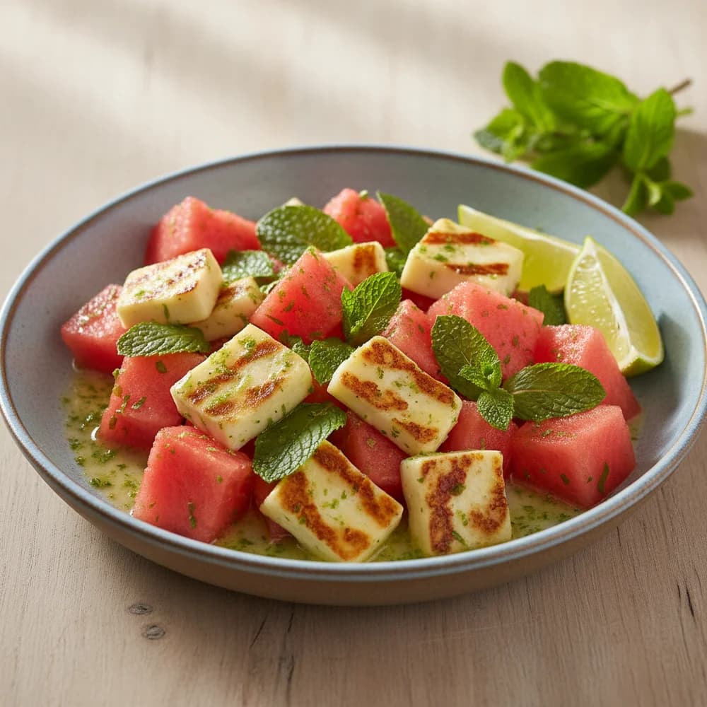 Gegrillter Halloumi-Salat mit Wassermelone, Minze und Limetten-Dressing