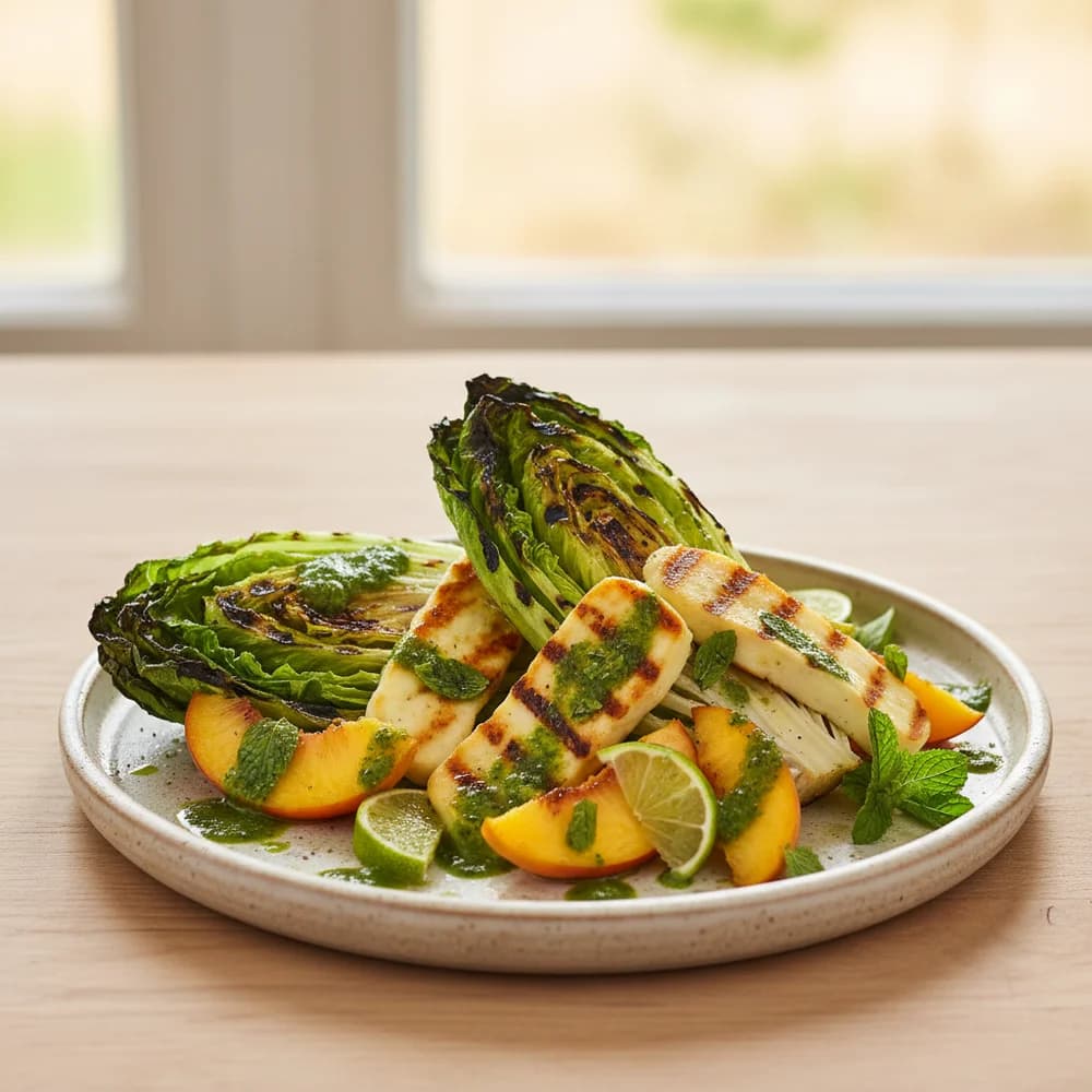 Gegrillter Romanasalat mit Halloumi, Pfirsich und Minz-Limetten-Dressing