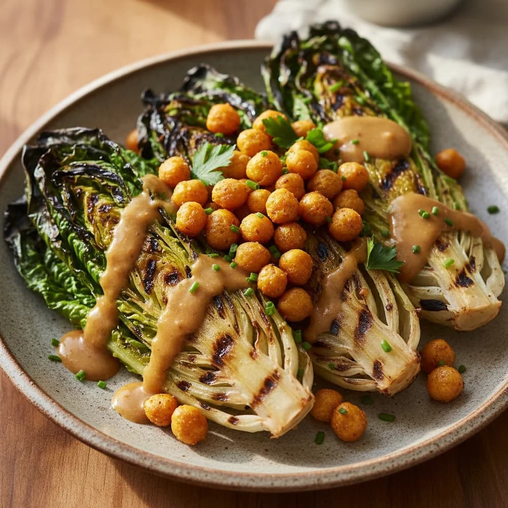 Gegrillter Romanasalat mit Honig-Senf-Dressing und knusprigen Kichererbsen