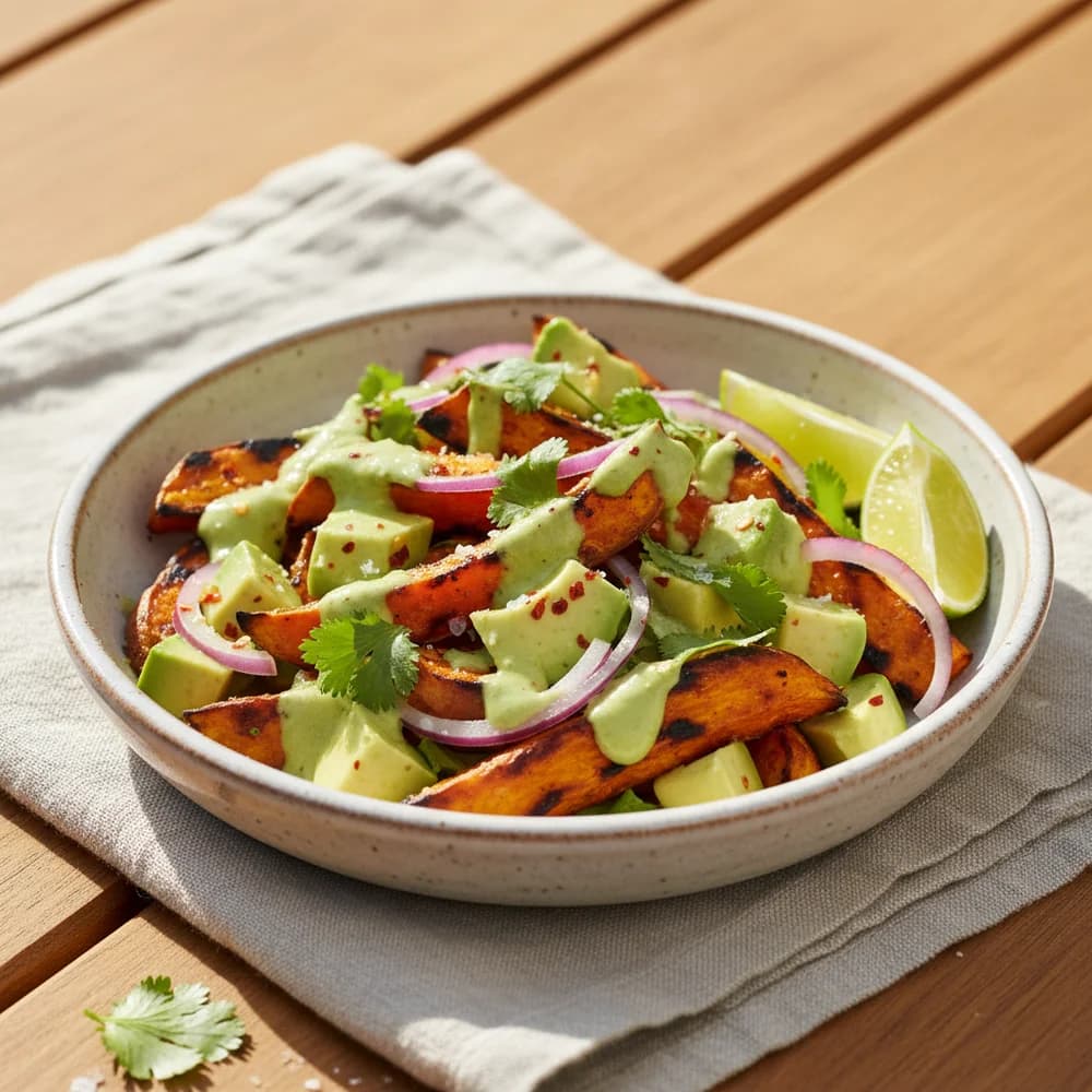 Gegrillter Süßkartoffel-Salat mit Avocado-Limetten-Dressing