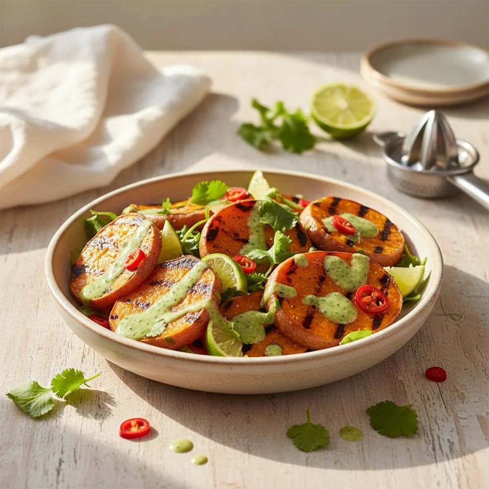 Gegrillter Süßkartoffel-Salat mit Limetten-Koriander-Dressing