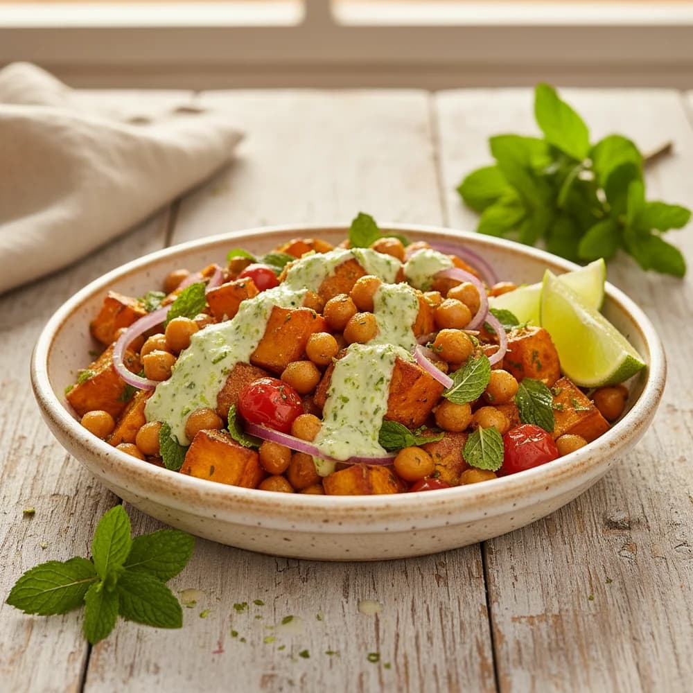 Grillmeister-Salat: Mediterraner Kichererbsen-Süßkartoffel-Salat mit Minze-Limetten-Dressing