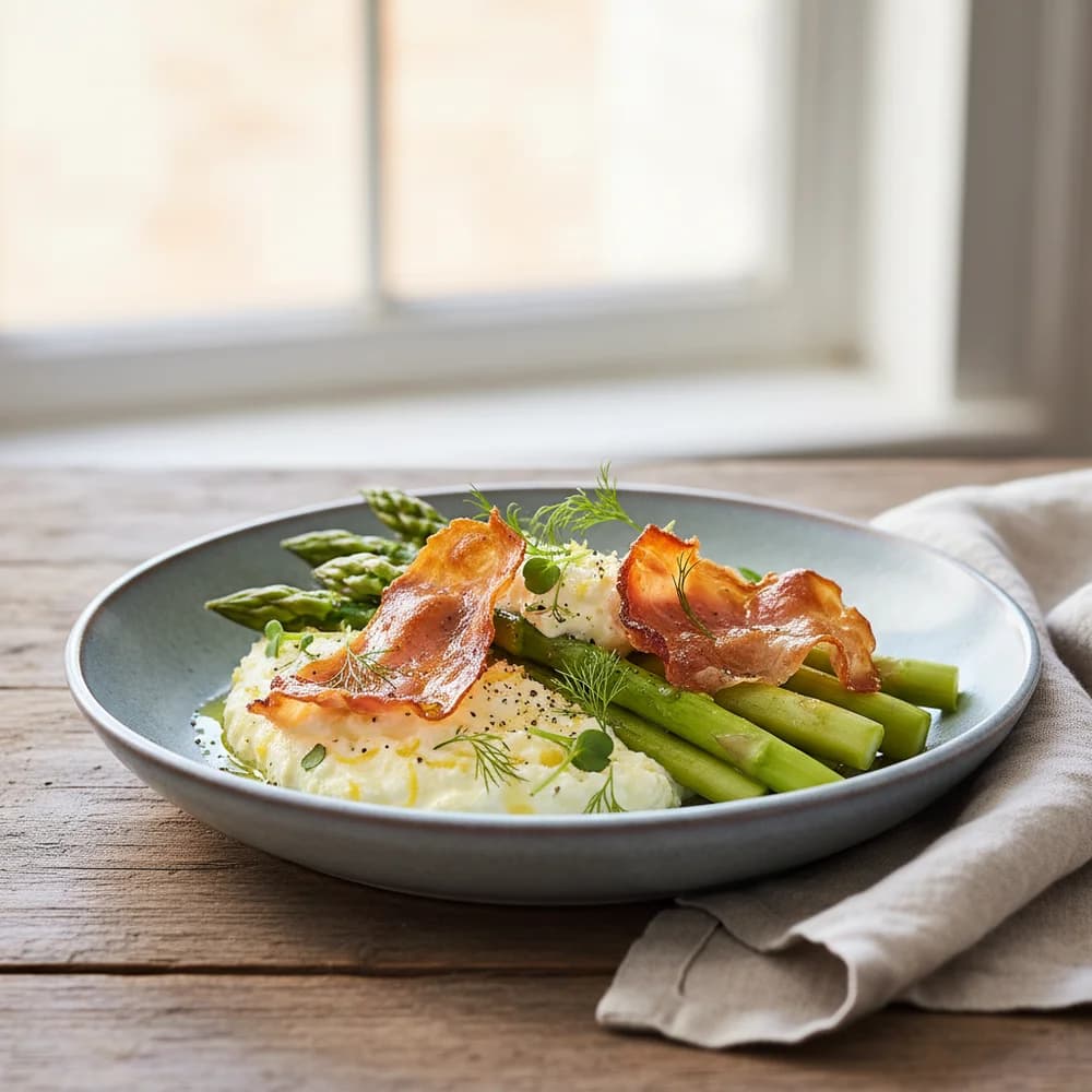 Grüner Spargel auf Zitronen-Ricotta mit knusprigem Parmaschinken