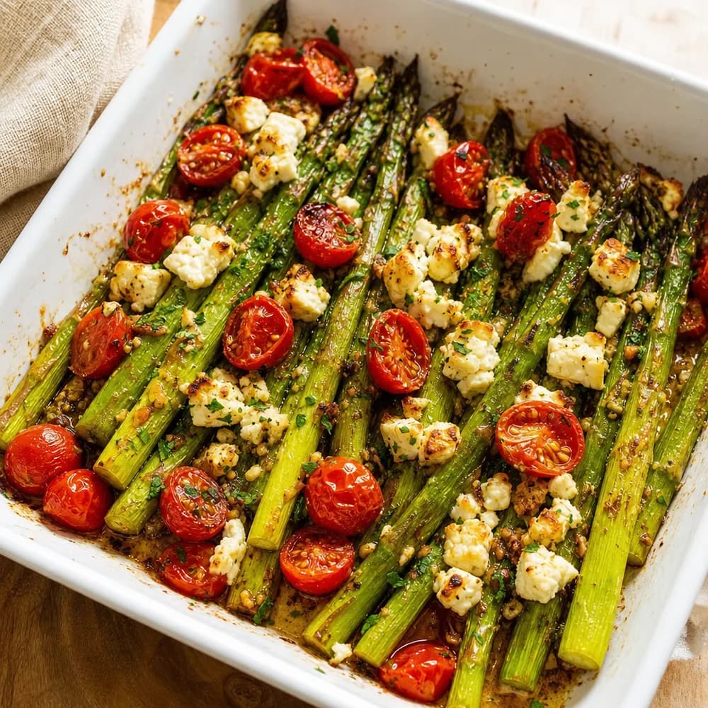 Grüner Spargel aus dem Ofen mit knusprigem Feta und Kirschtomaten