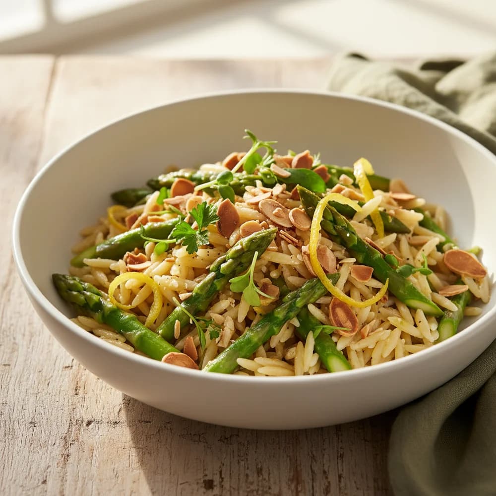 Grüner Spargel-Orzo mit Zitrone und Mandeln
