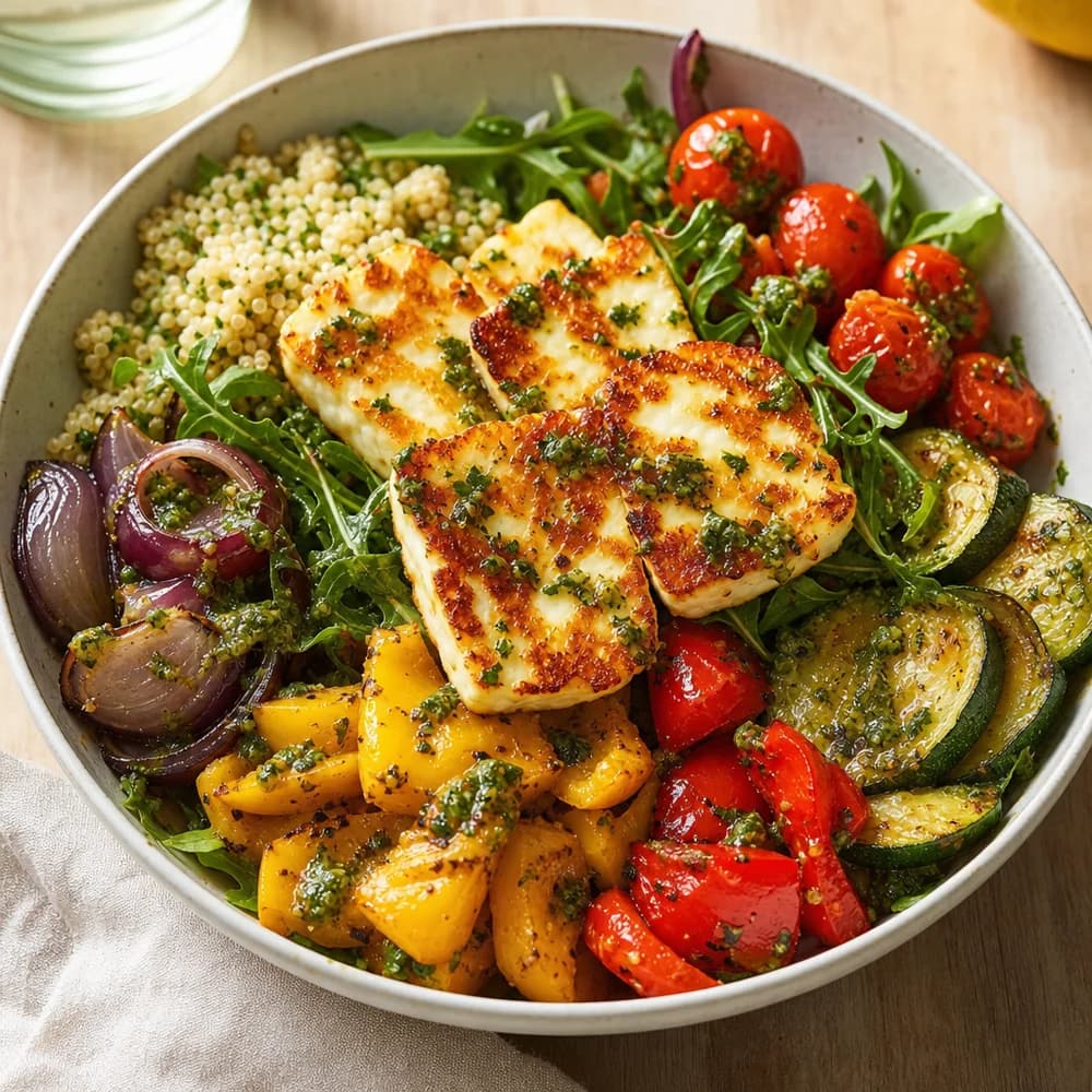 Halloumi-Gemüse-Bowls mit zitronigem Kräuterdressing