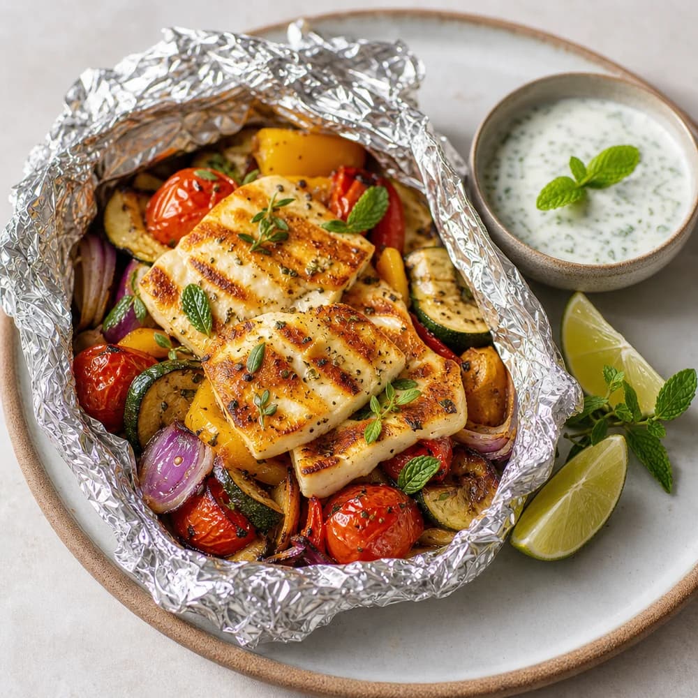 Halloumi-Päckchen vom Grill mit mediterranem Gemüse und Limetten-Minz-Dip