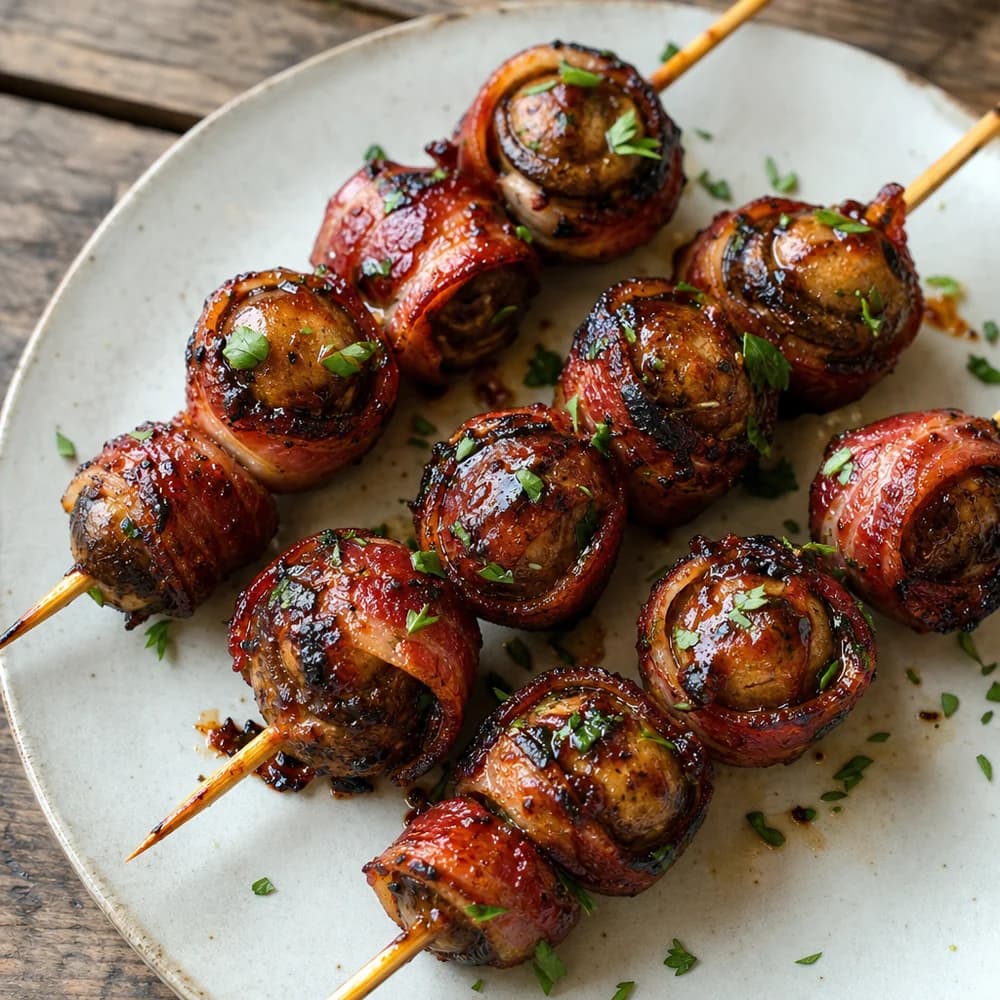 Herzhafte BBQ-Bacon-Champignon-Spieße