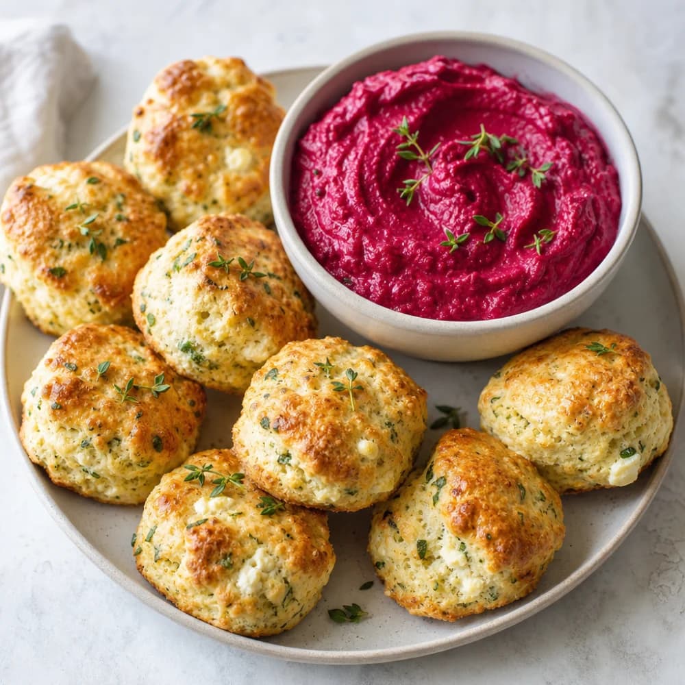 Herzhafte Kräuter-Feta-Scones mit Roter Bete Dip
