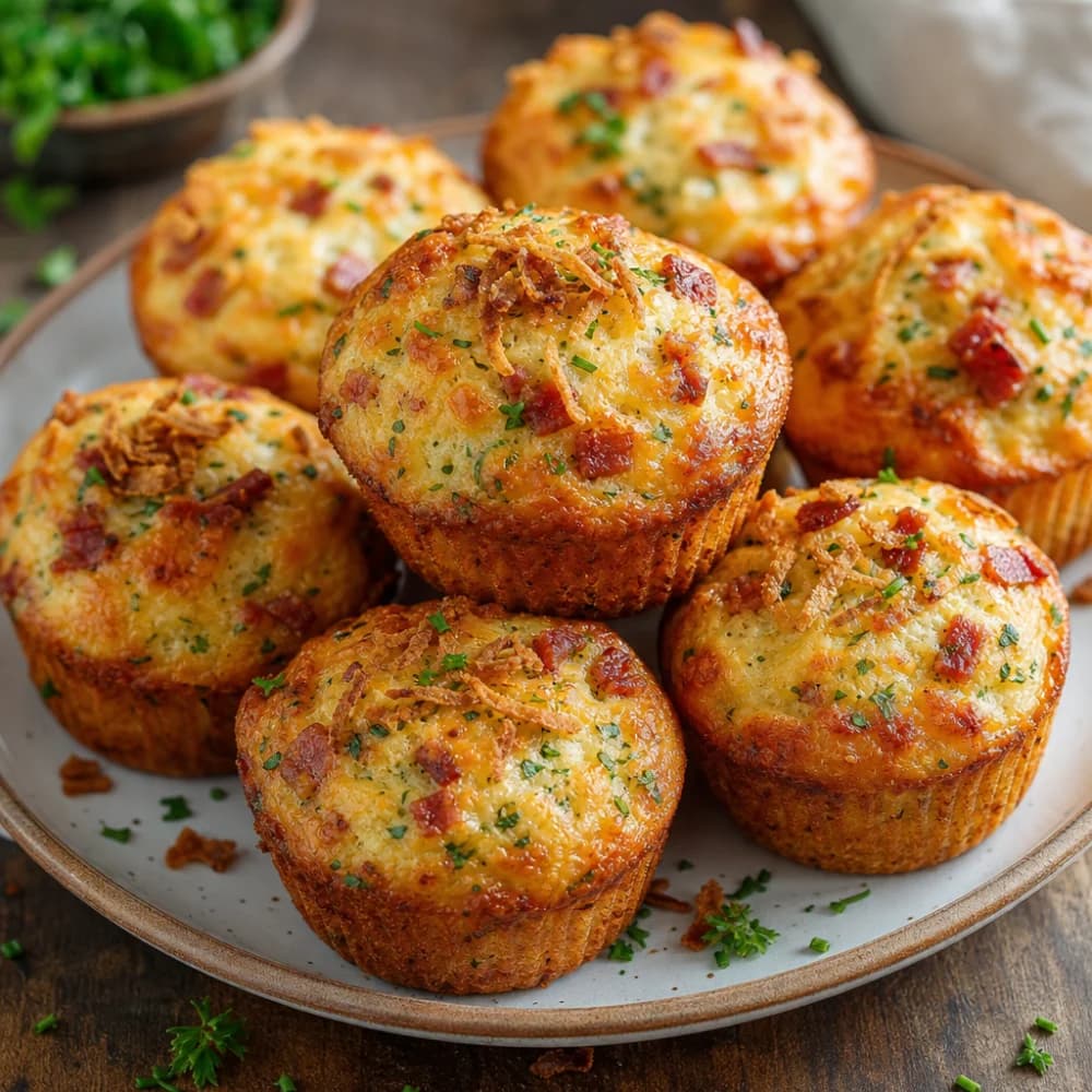 Herzhafte Kräuter-Quark-Muffins mit Röstzwiebeln und Speck