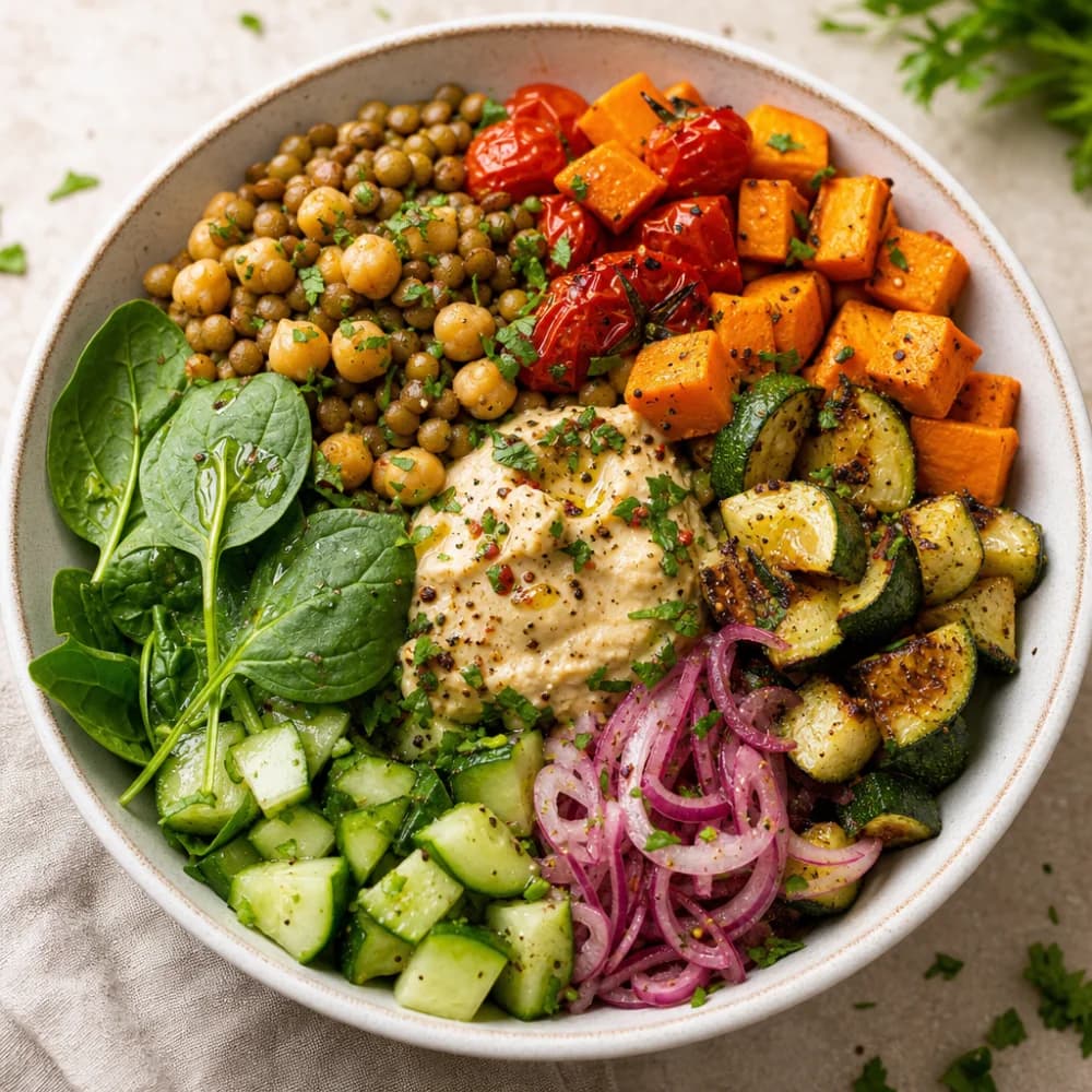 Herzhafte Linsen-Kichererbsen-Bowls mit geröstetem Gemüse
