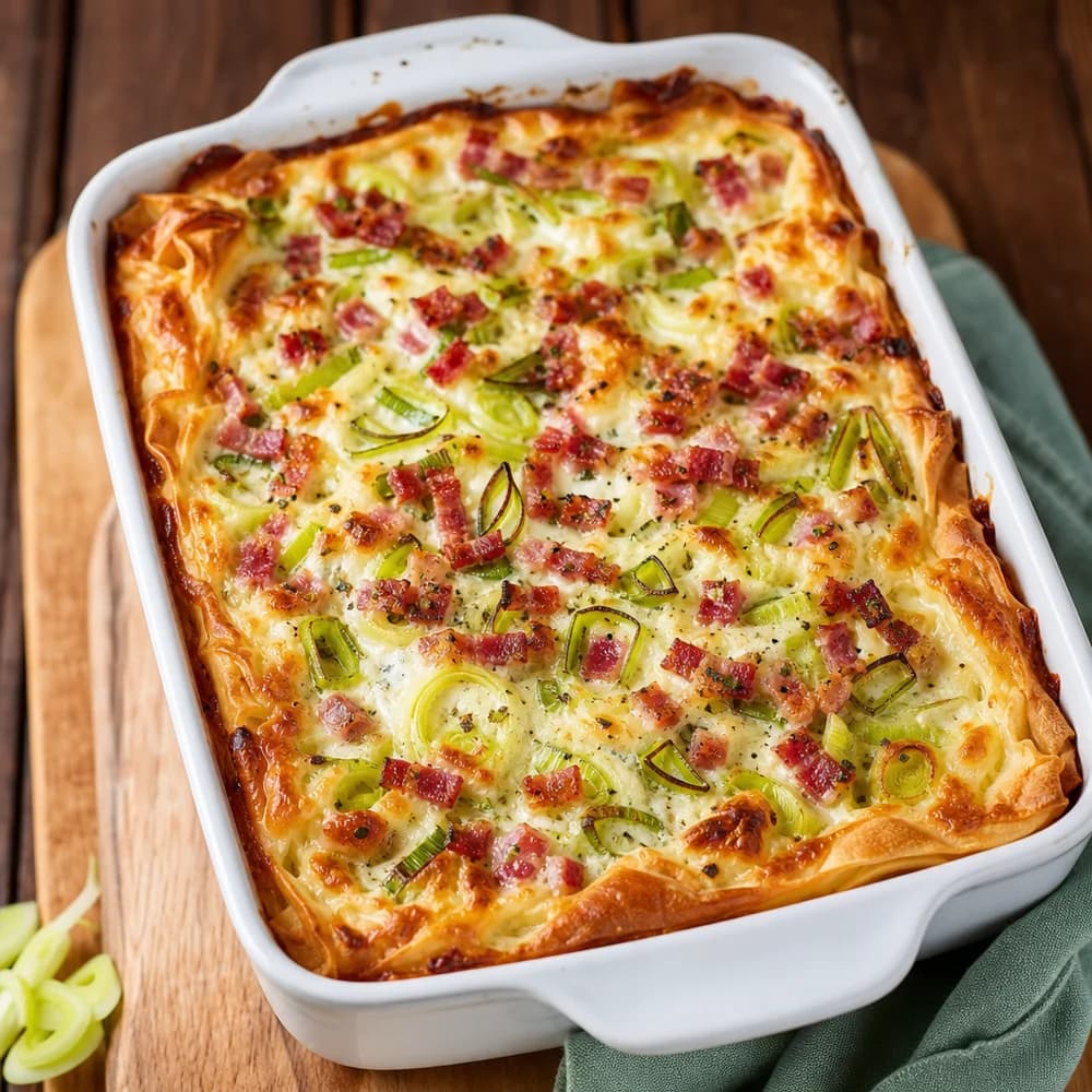Herzhafter Flammkuchen-Auflauf mit Lauch und Speck