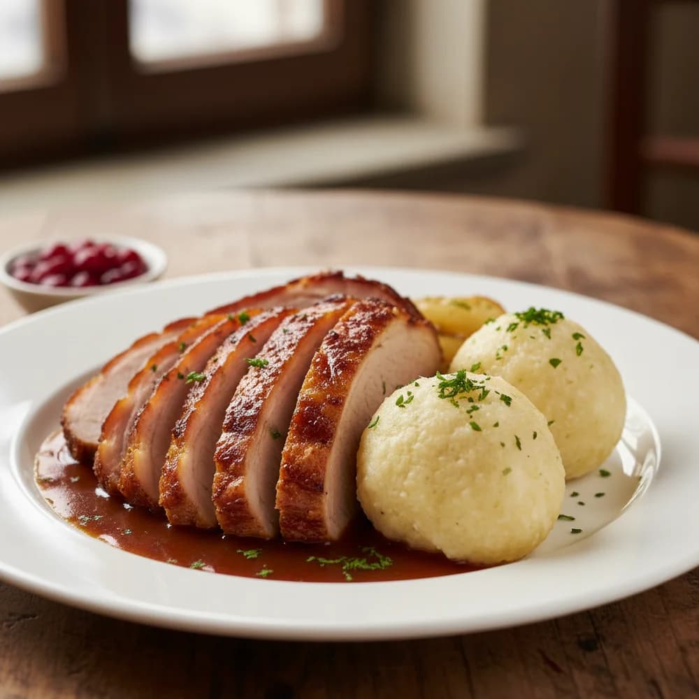 Herzhafter Schweinebraten mit klassischen Kartoffelklößen und Dunkelbiersoße
