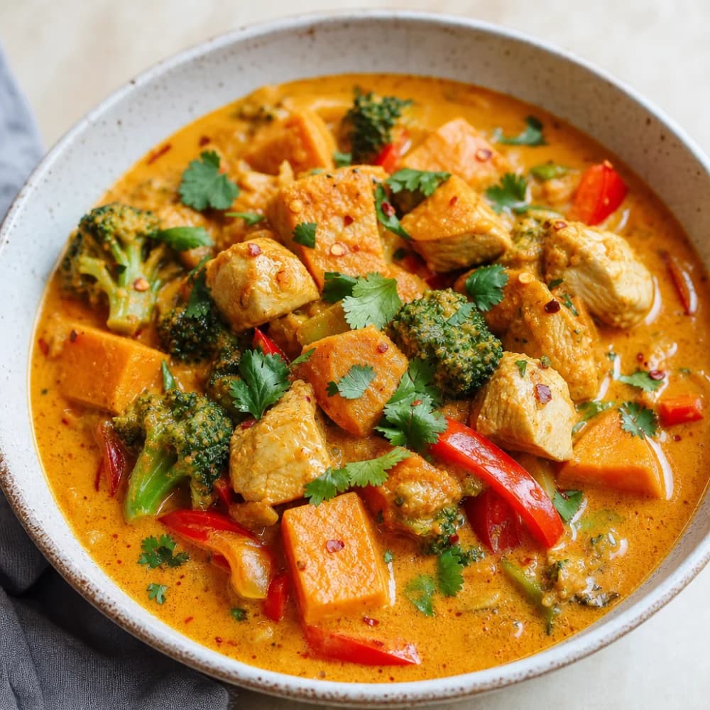 Herzhaftes Süßkartoffel-Hähnchen-Curry mit knackigem Gemüse