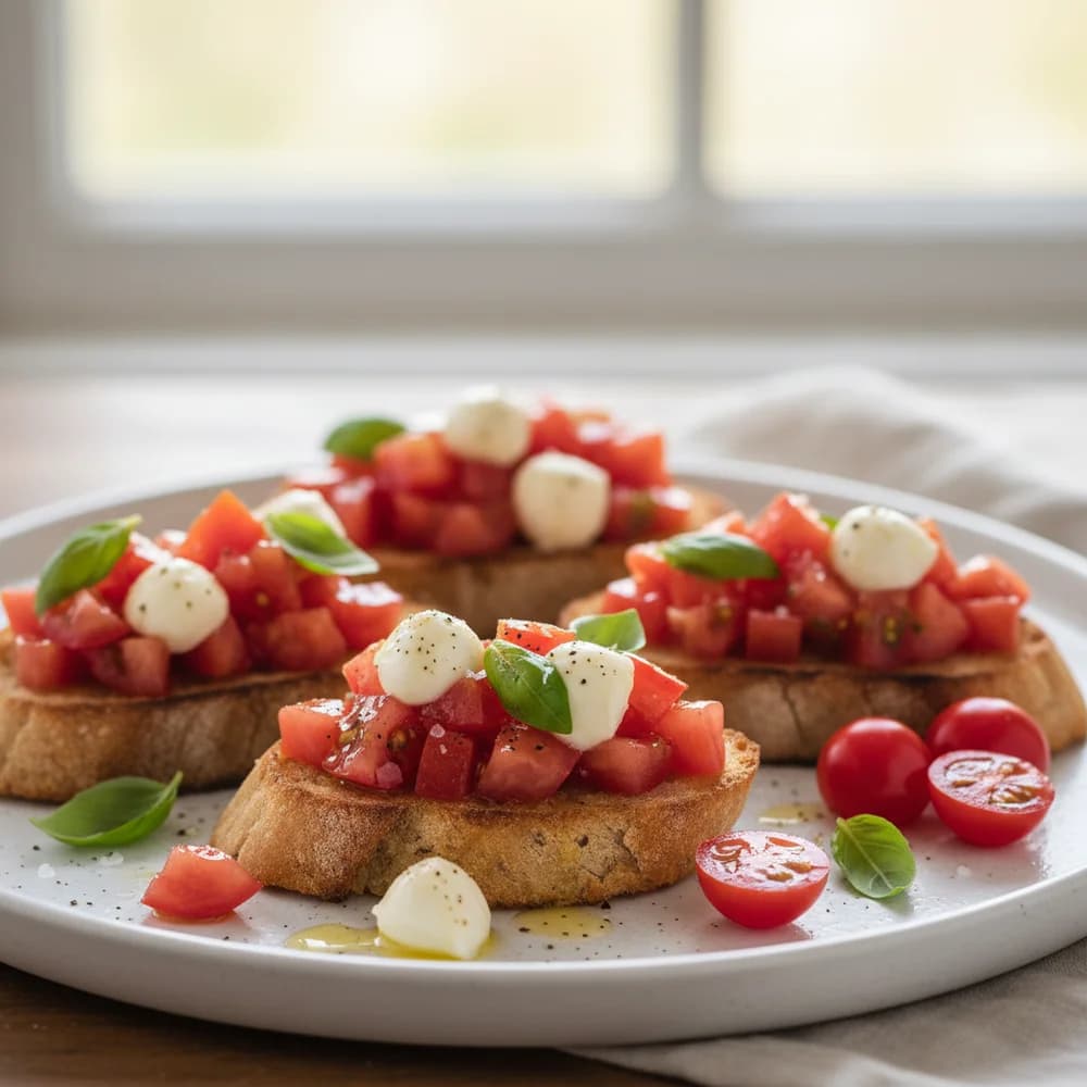 Klassische italienische Bruschetta mit sonnengereiften Tomaten und Basilikum