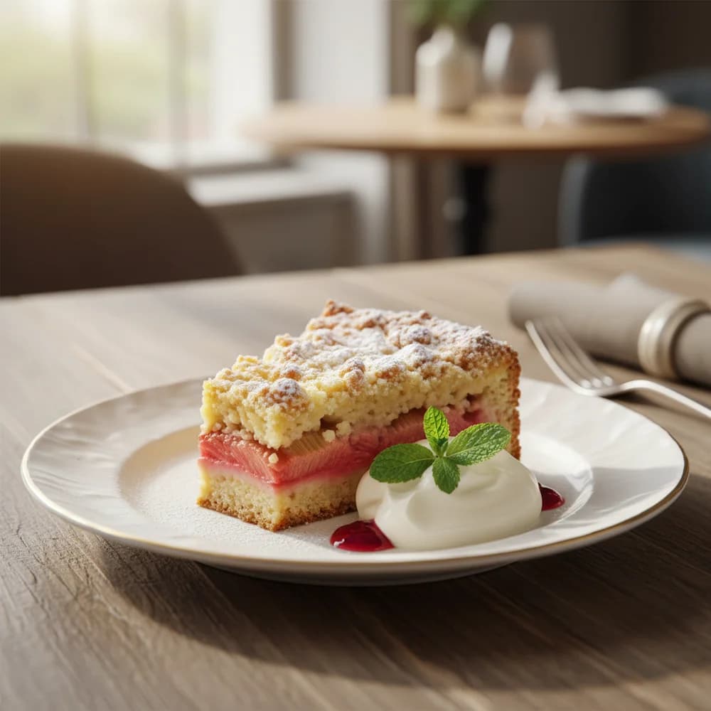 Klassischer Rhabarberkuchen mit knusprigen Streuseln