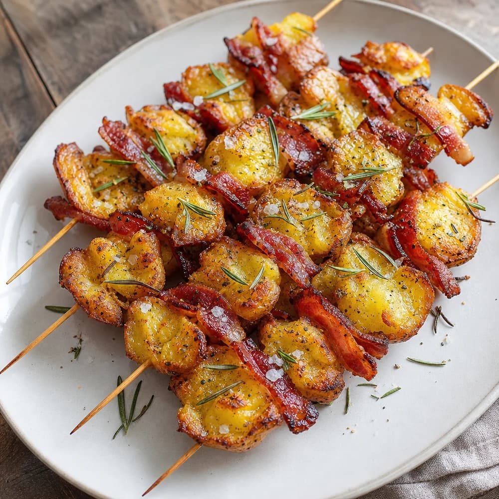 Knusprige Smashed-Potato-Bacon-Spieße mit Rosmarin