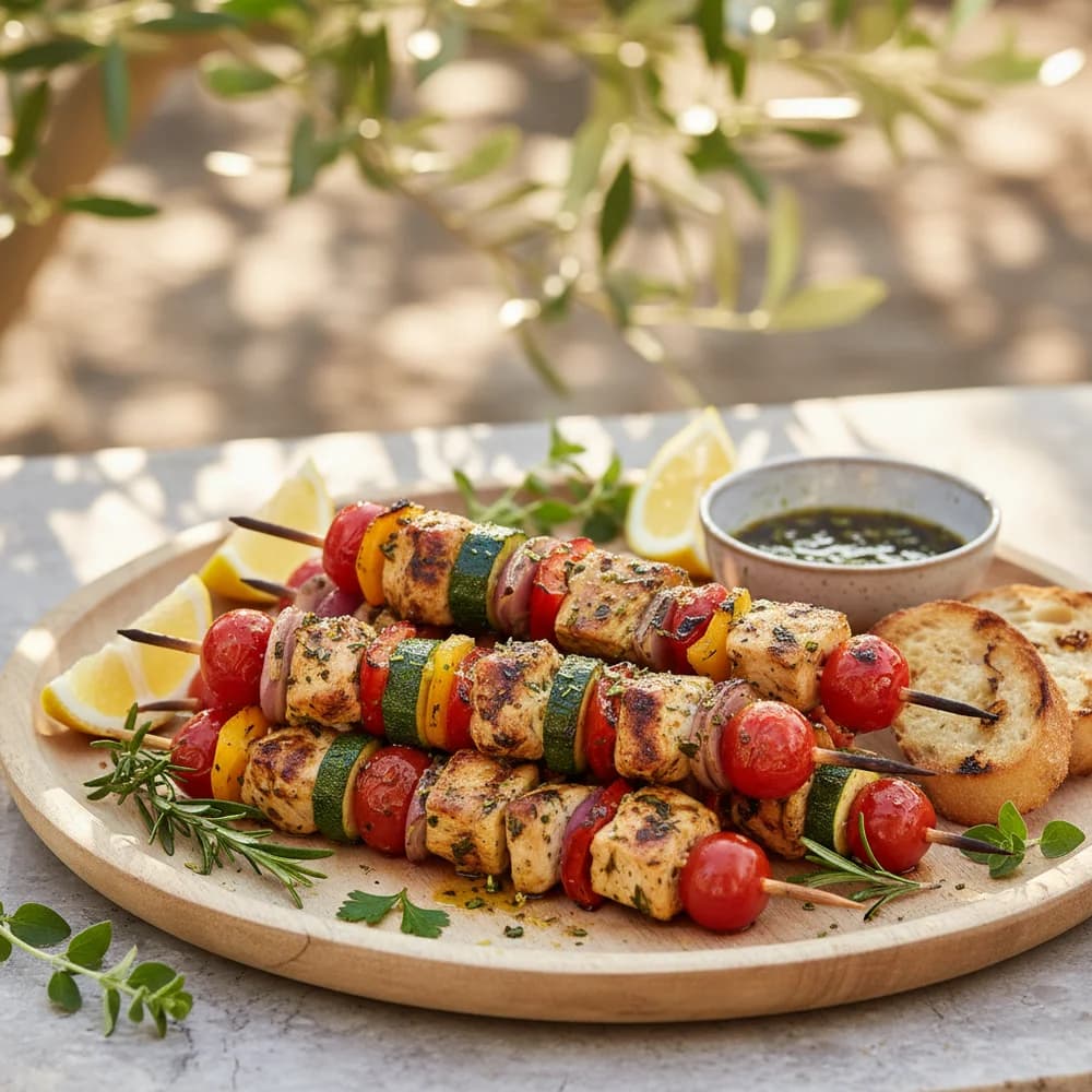 Mediterrane Hähnchen-Gemüse-Spieße mit Kräuter-Zitronen-Marinade