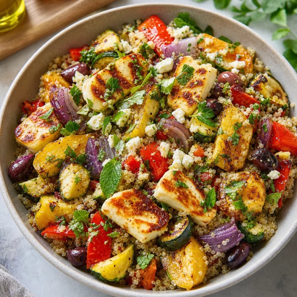 Mediterraner Quinoa-Salat mit Halloumi und geröstetem Gemüse