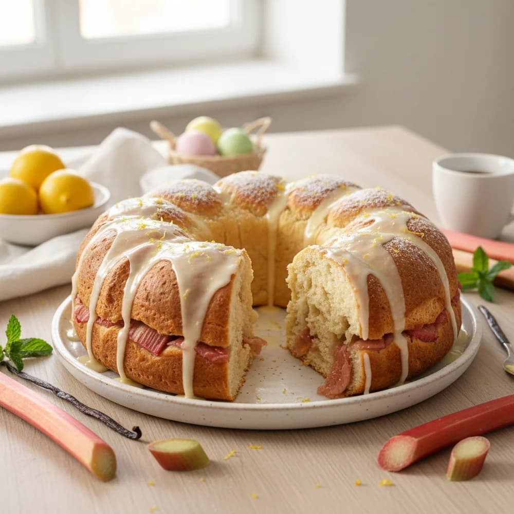 Oster-Rhabarber-Zupfbrot mit Vanille-Zitronen-Glasur