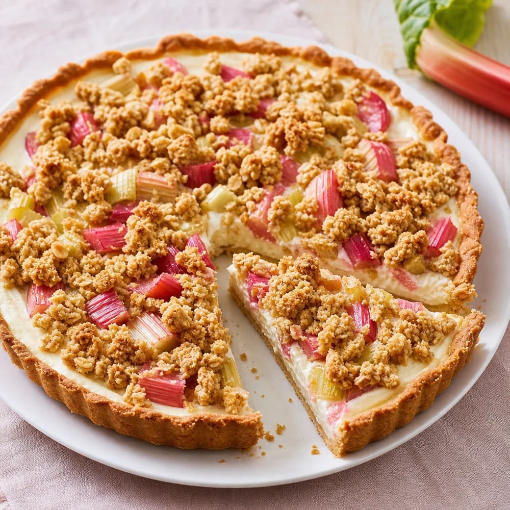 Rhabarber-Joghurt-Tarte mit knusprigen Haferstreuseln
