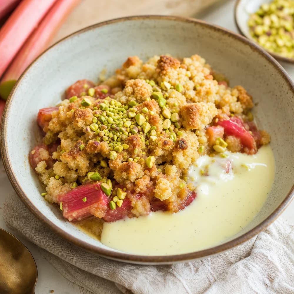 Rhabarber-Pistazien-Crumble mit Vanillesauce