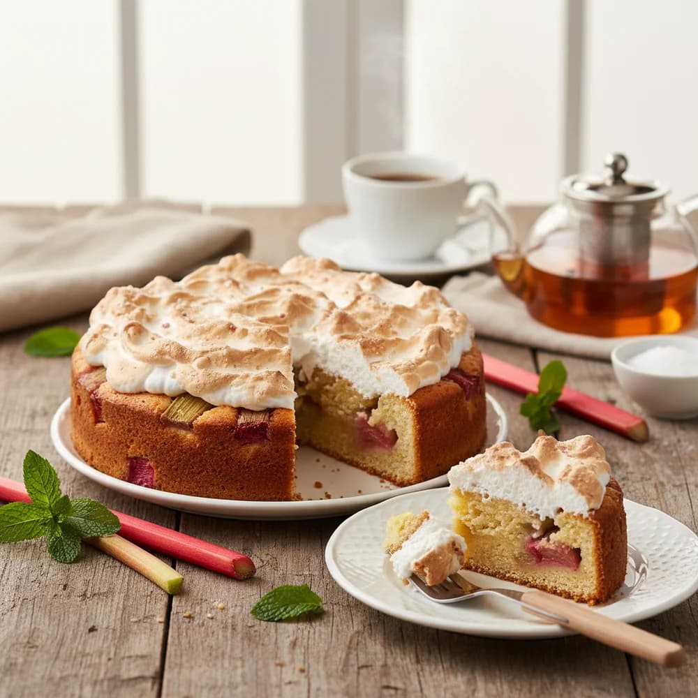 Rhabarber-Wolkenkuchen mit zarter Baiserhaube