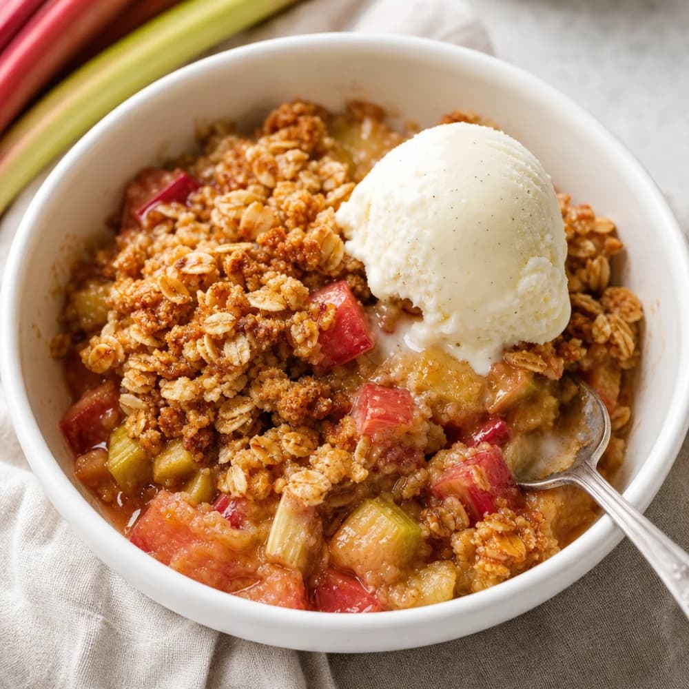 Rhabarber-Zimt-Crumble mit knusprigen Haferflocken