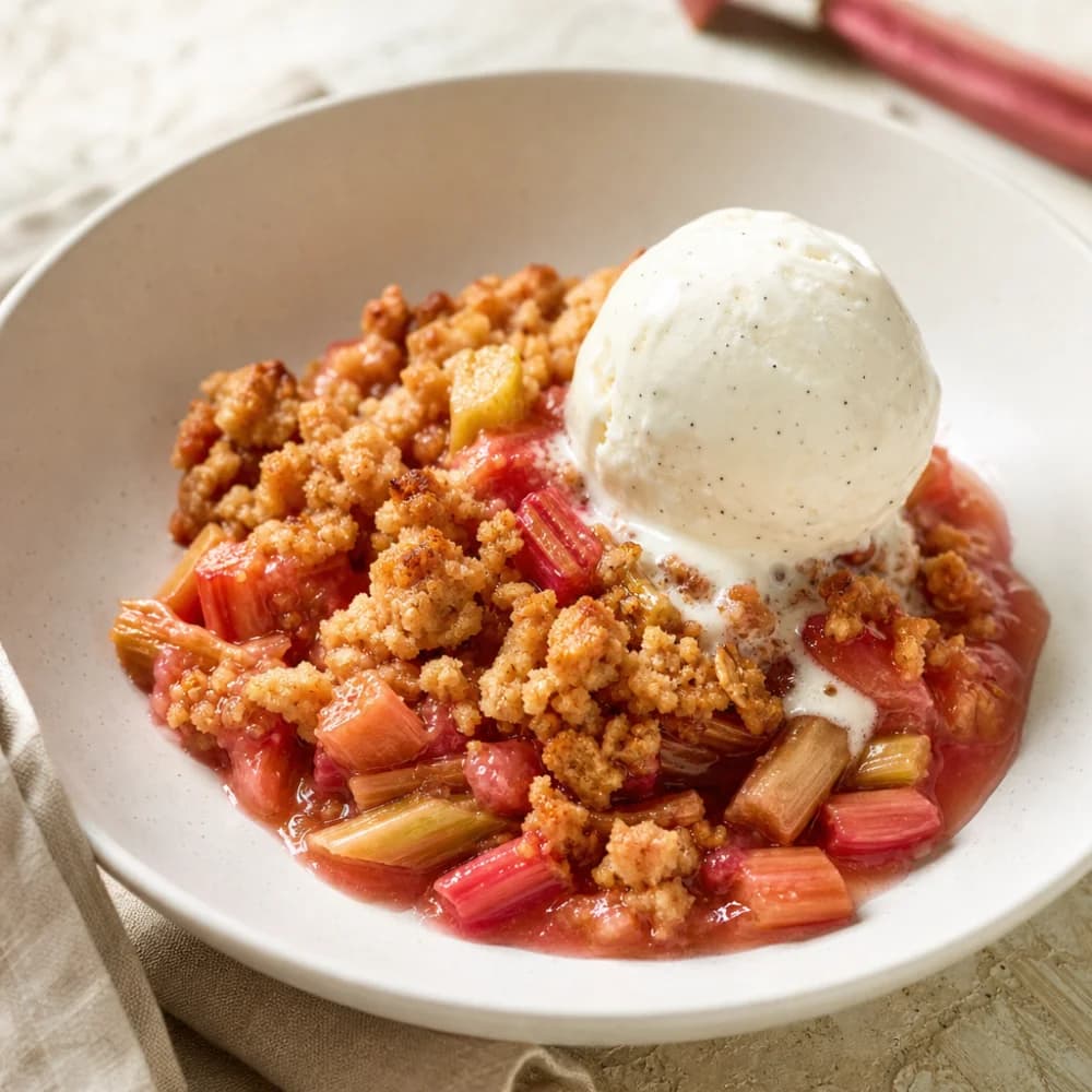 Rhabarber-Zimt-Crumble mit Vanilleeis
