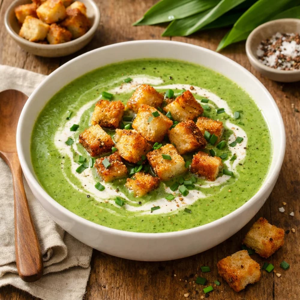 Samtige Bärlauch-Cremesuppe mit knusprigen Croûtons