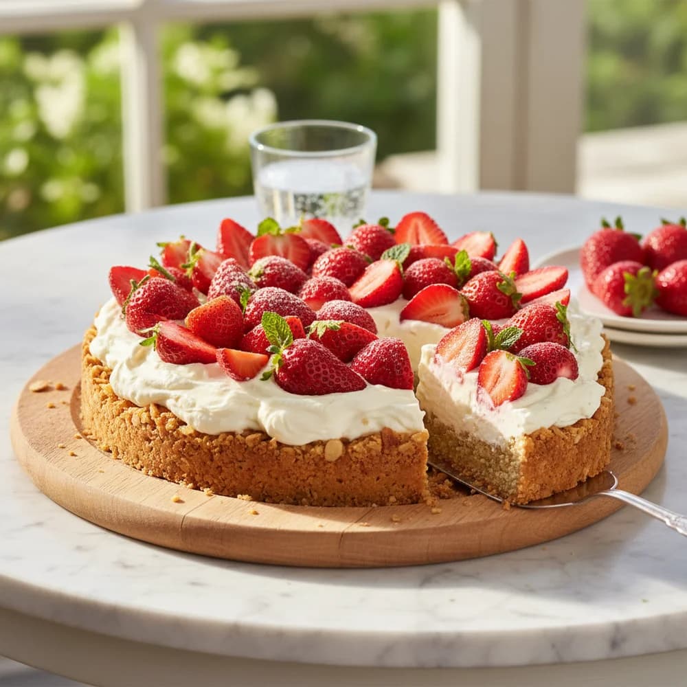 Sommerliche Erdbeer-Frischkäse-Torte mit Mandelboden
