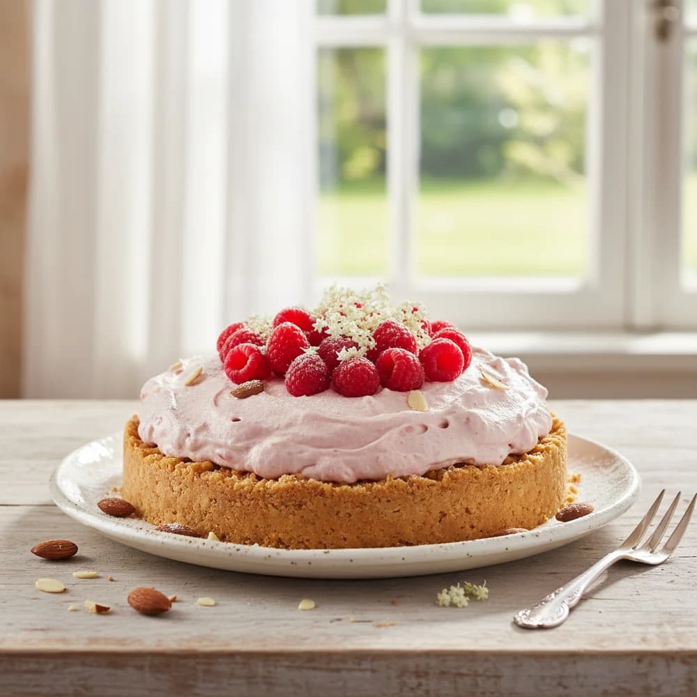 Sommerliche Himbeer-Holunderblüten-Torte mit Mandelboden