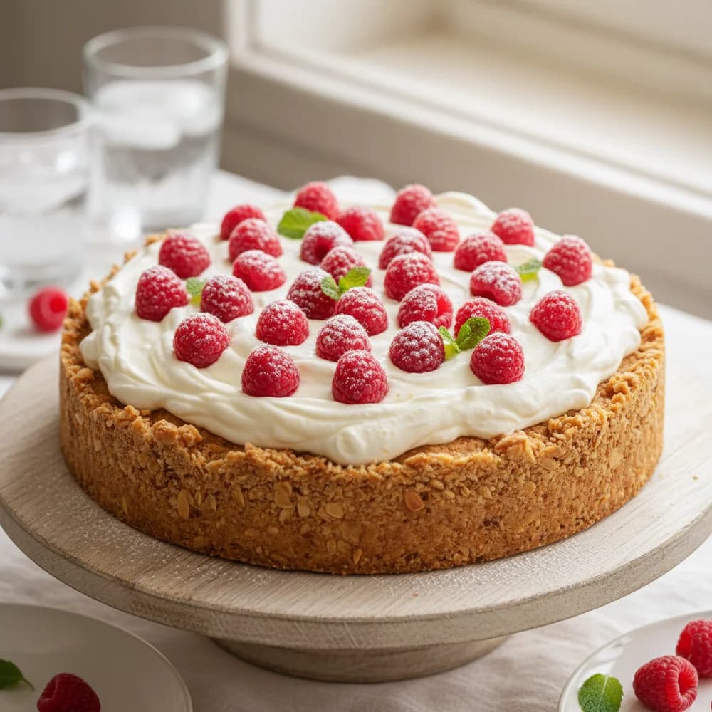 Sommerliche Himbeer-Joghurt-Torte mit knusprigem Mandelboden