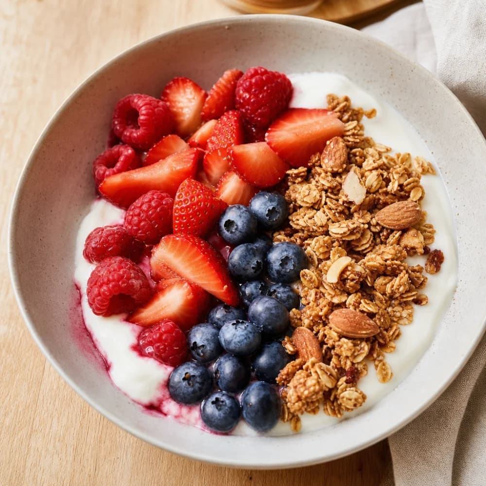 Sonnenaufgangs-Joghurt-Bowl mit Beeren und knackigem Granola