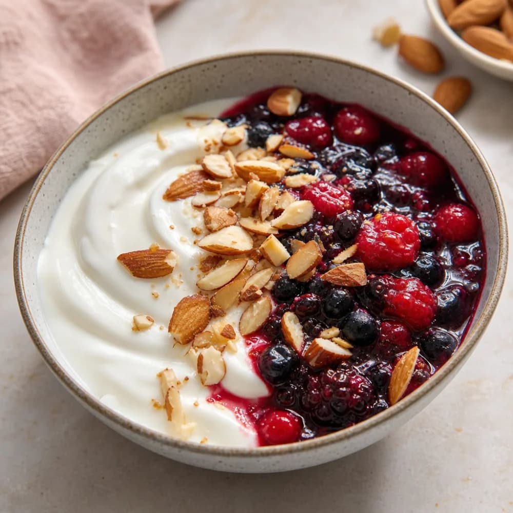 Sonnenaufgangs-Joghurt-Bowl mit gerösteten Mandeln und Beerenkompott