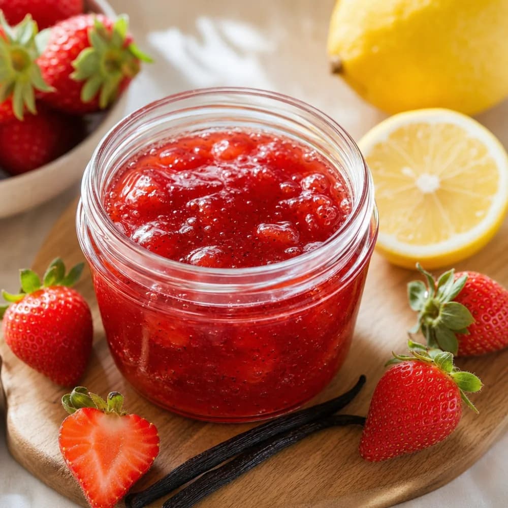 Sonnengeküsste Erdbeer-Vanille-Marmelade mit einem Hauch Zitrone