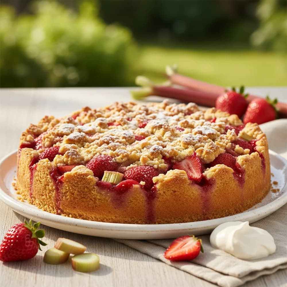 Sonnengeküsster Erdbeer-Rhabarber-Kuchen mit knusprigen Streuseln