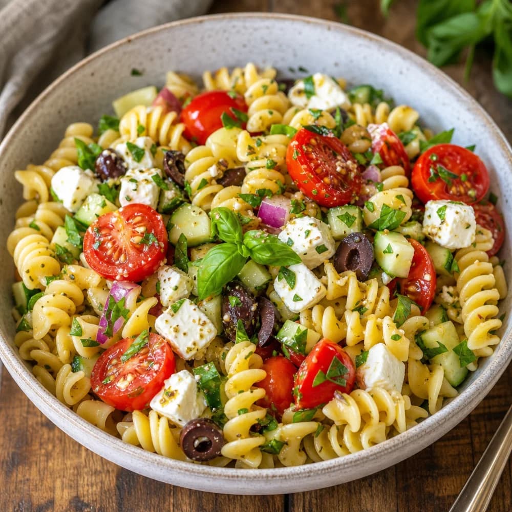 Sonnengeküsster Mittelmeer-Nudelsalat mit Feta und frischen Kräutern