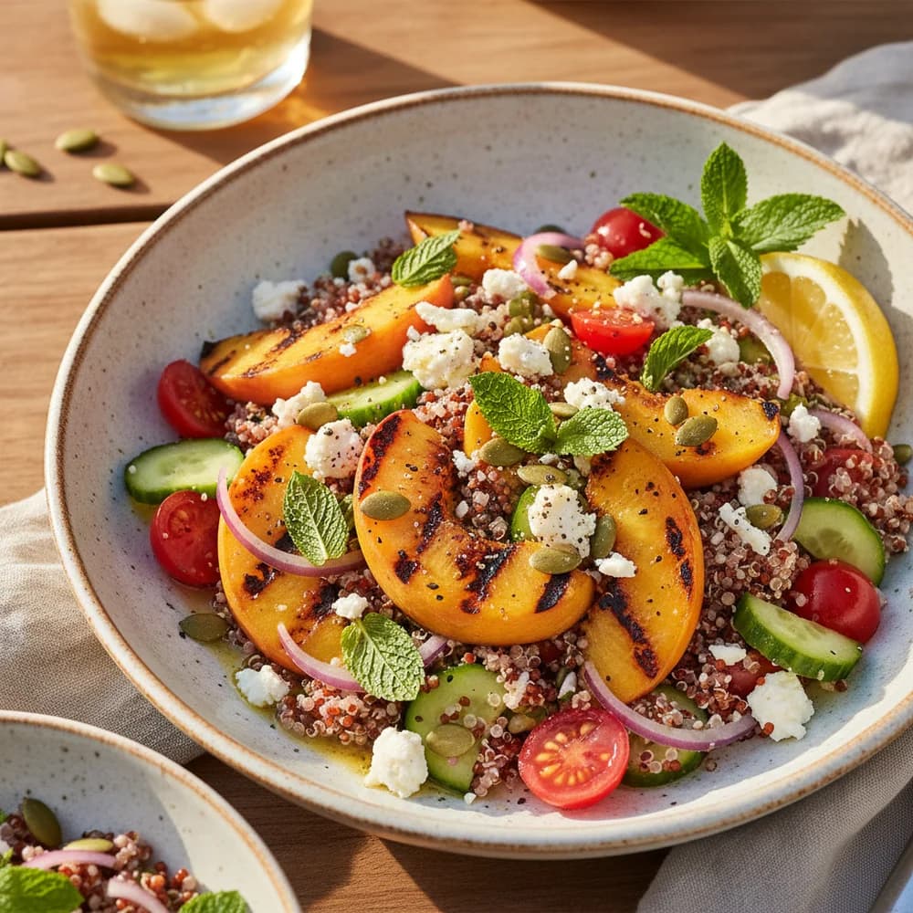 Sonnengeküsster Quinoa-Salat mit gegrilltem Pfirsich und Minze