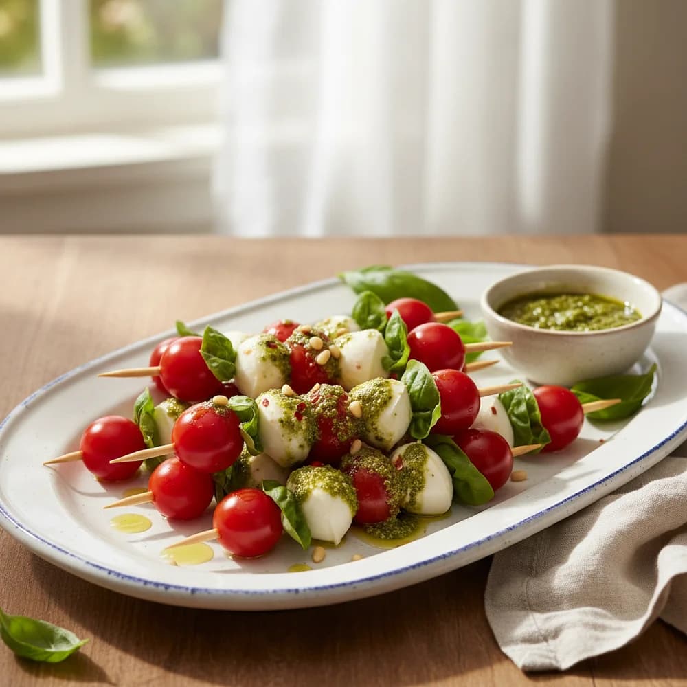 Sonnenverwöhnte Caprese-Pesto-Spieße
