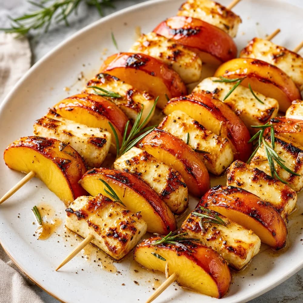Sonnige Pfirsich-Halloumi-Rosmarin-Spieße vom Grill