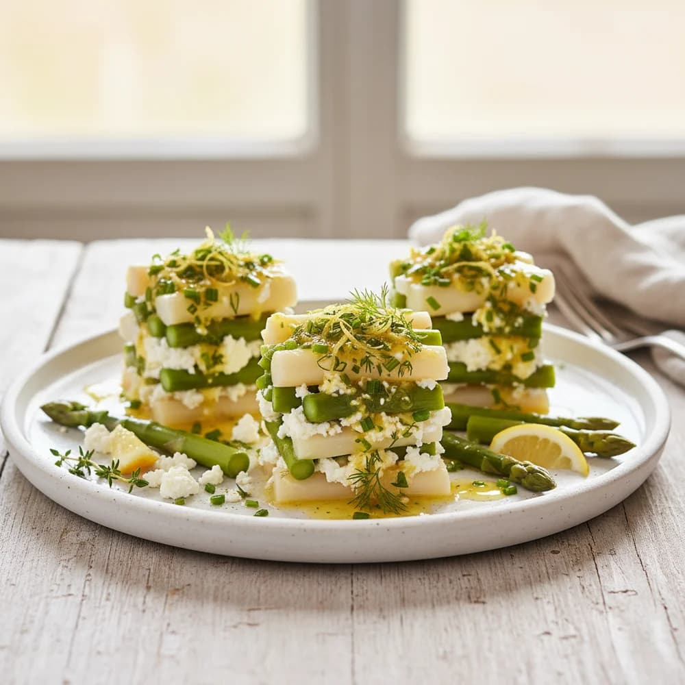 Spargel-Feta-Türmchen mit Zitronen-Kräuter-Vinaigrette